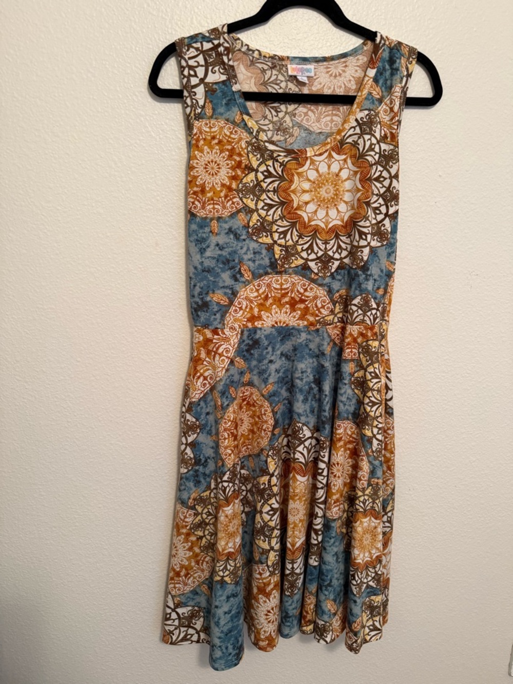 LuLaRoe Sleeveless Midi Dress in Blue Brown and Gold Medallion Print Size L